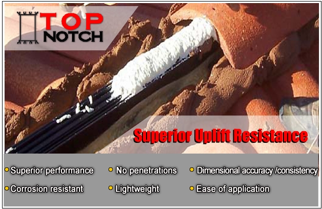 Top Notch Ridge Roofing System Roofing fastener ,none intrucement No penetrations through the roofing, residential roofing Roof reinforcement and bonding Eliminate the penetrations and roof LEAKS
